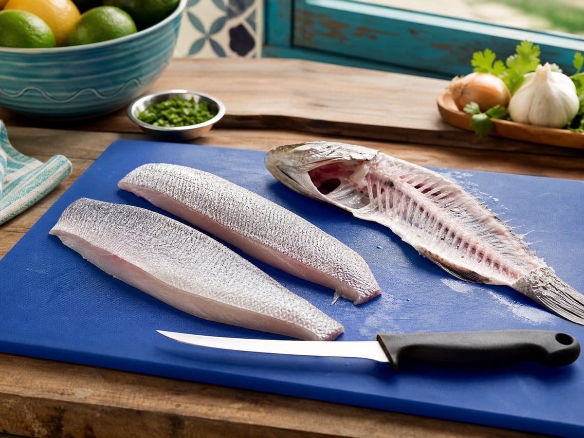 Demostración culinaria de cómo filetear pescado en una cocina limpia