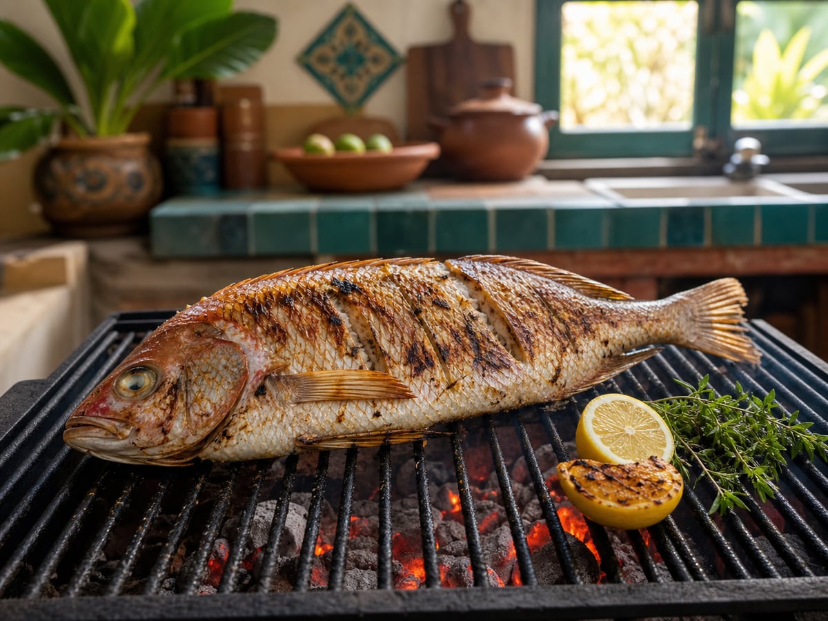 Demostración culinaria de pescado a la parrilla en una cocina limpia