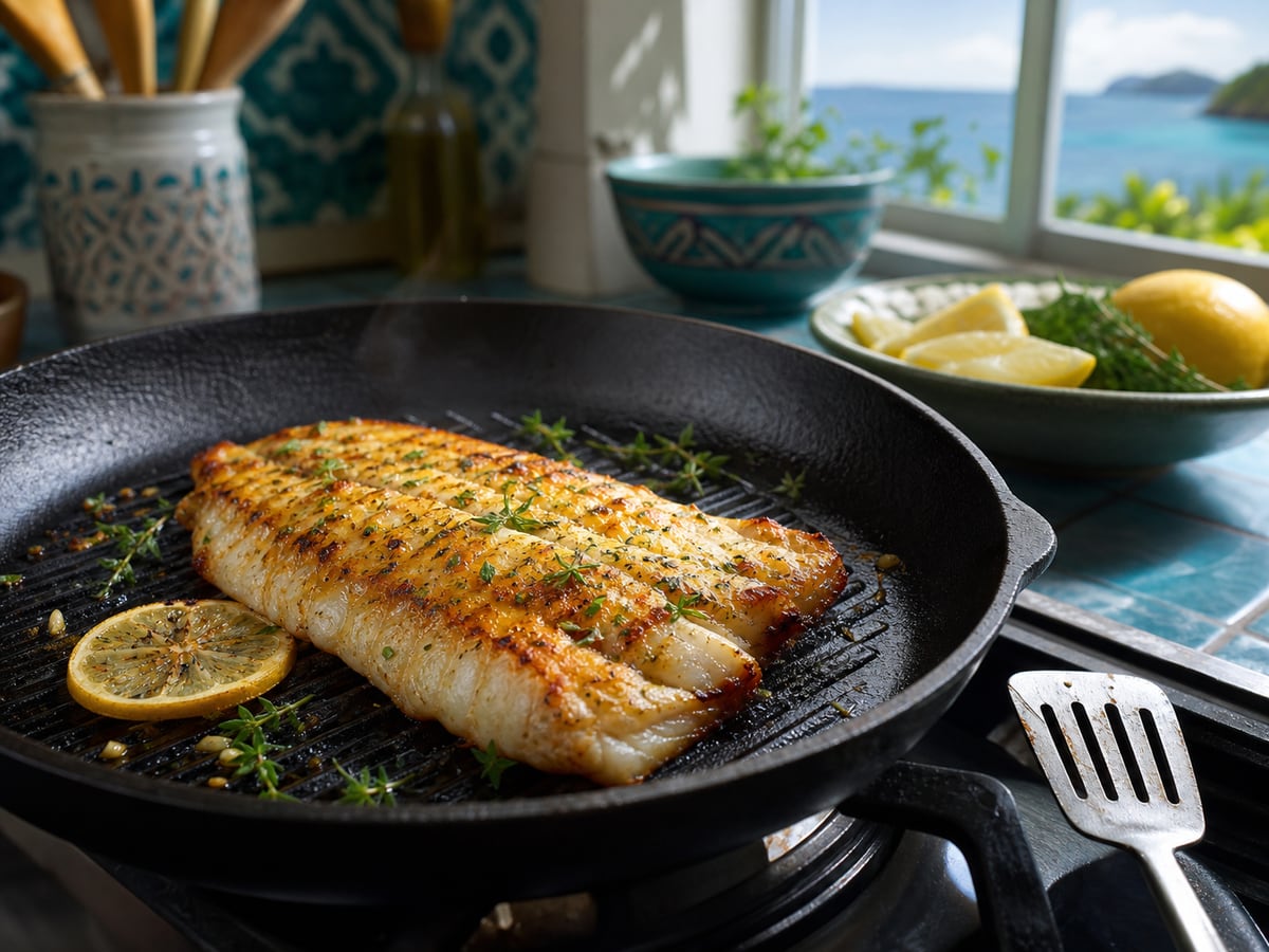Demostración culinaria de pescado a la plancha en una cocina limpia