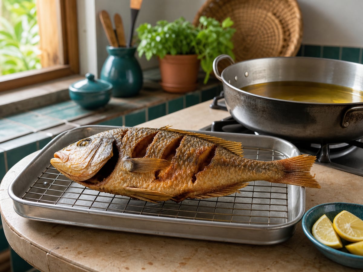 Demostración culinaria de pescado frito crujiente en una cocina limpia
