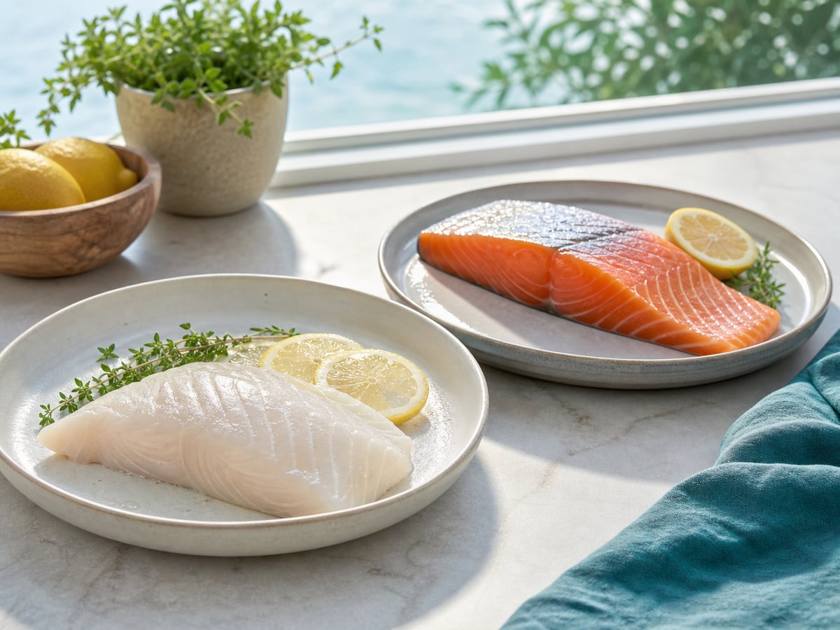 Demostración culinaria de pescados blancos y grasos en una cocina limpia