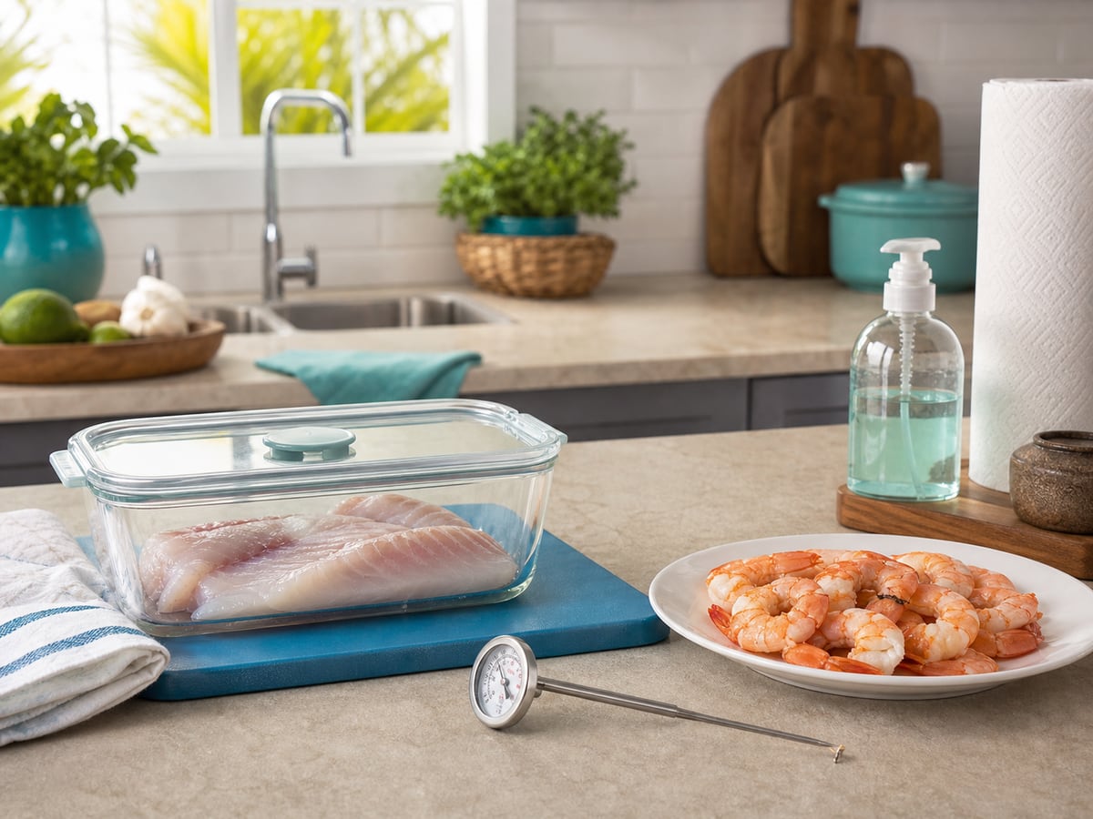 Demostración culinaria de seguridad con pescados y mariscos en una cocina limpia