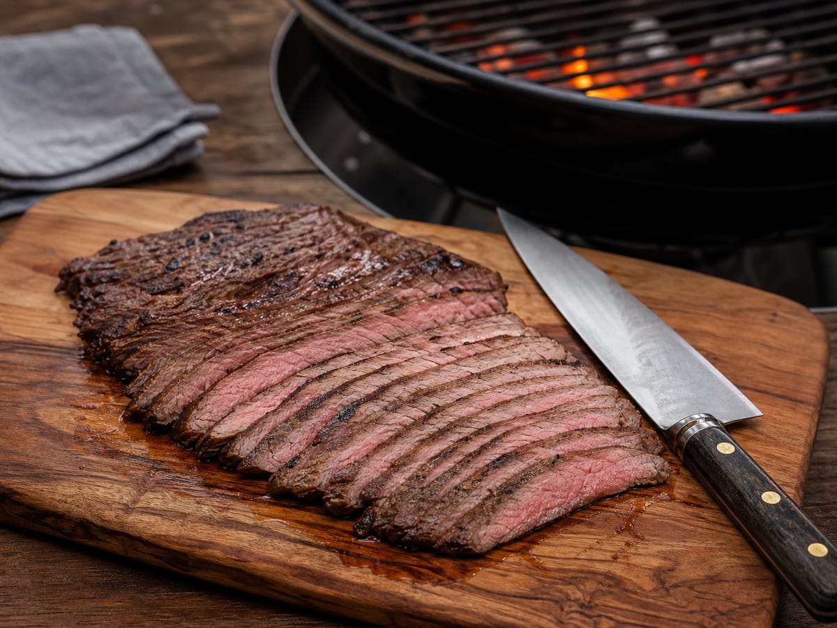 Carne asada reposando y cortada en rebanadas finas contra la fibra