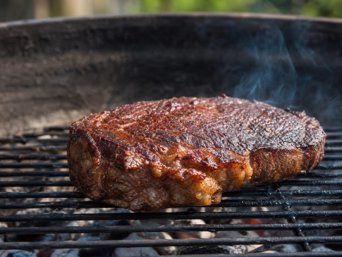 Bistec real formando una costra dorada sobre rejillas calientes de carbón
