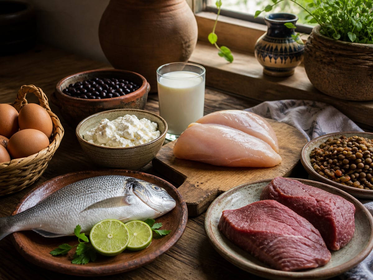 Escena culinaria realista que ilustra más proteína con alimentos