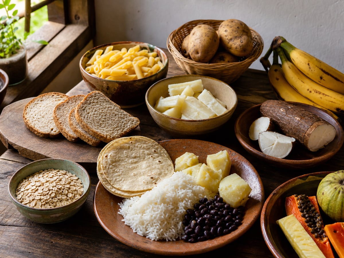 Escena culinaria realista que ilustra carbohidratos sin miedo