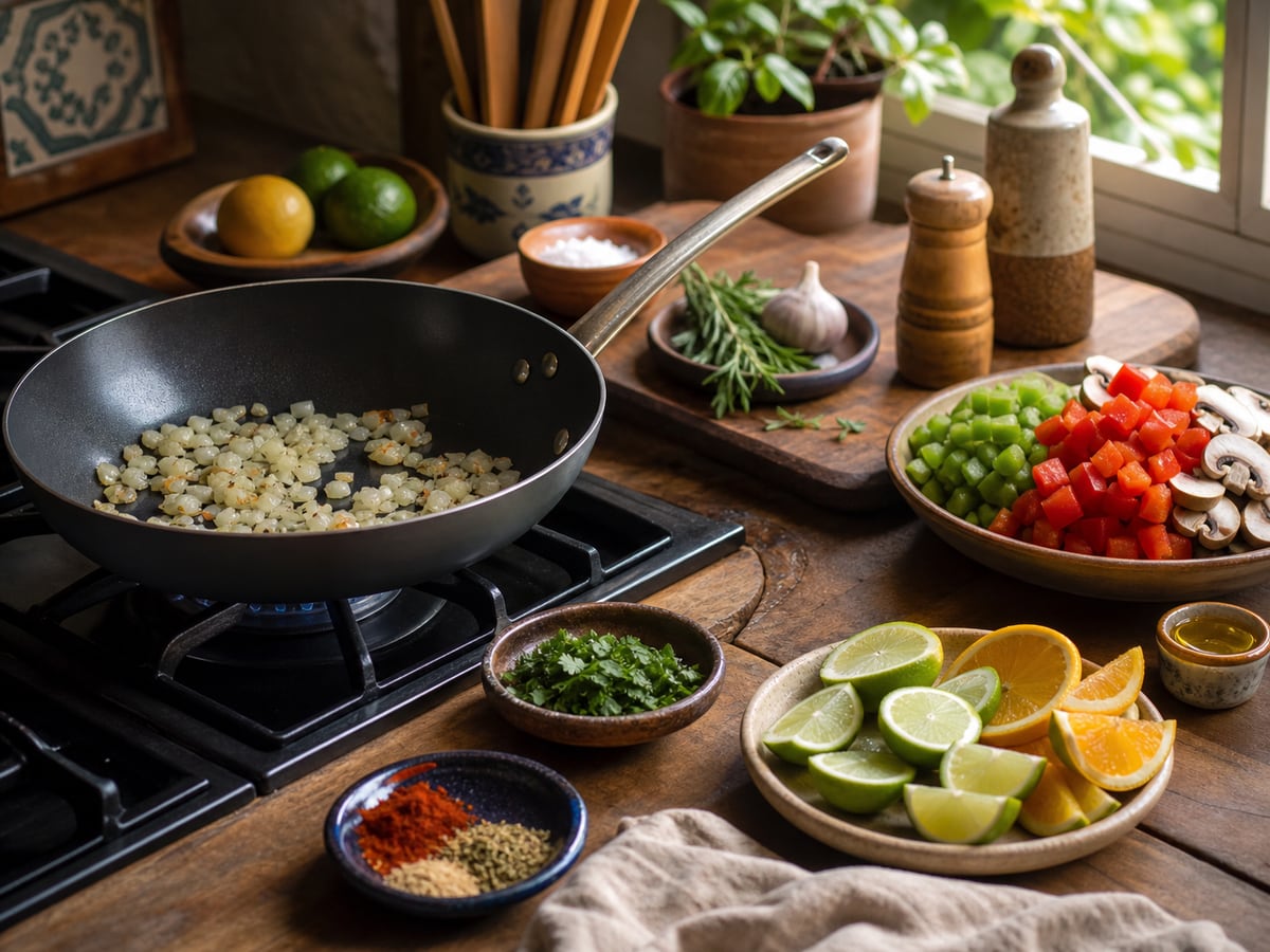 Escena culinaria realista que ilustra cocinar con menos aceite sin perder sabor