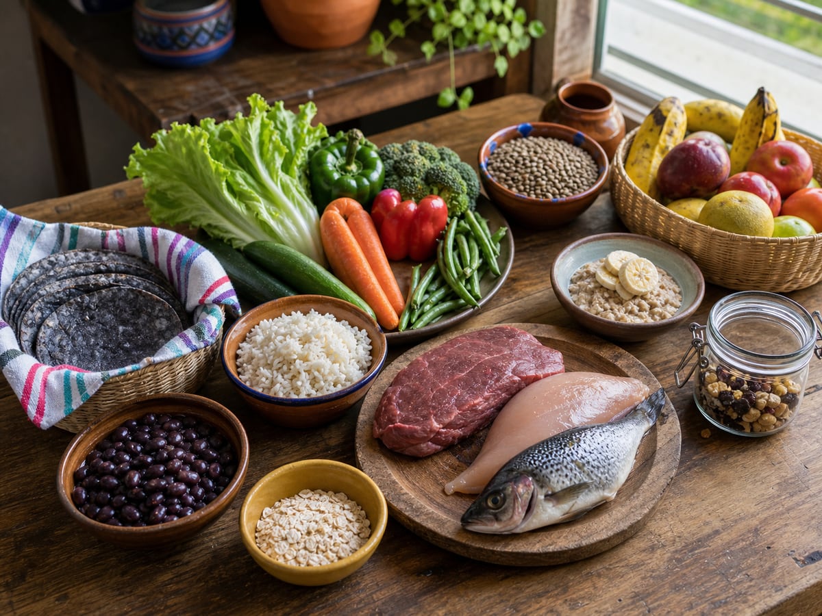 Escena culinaria realista que ilustra cómo planificar el menú semanal