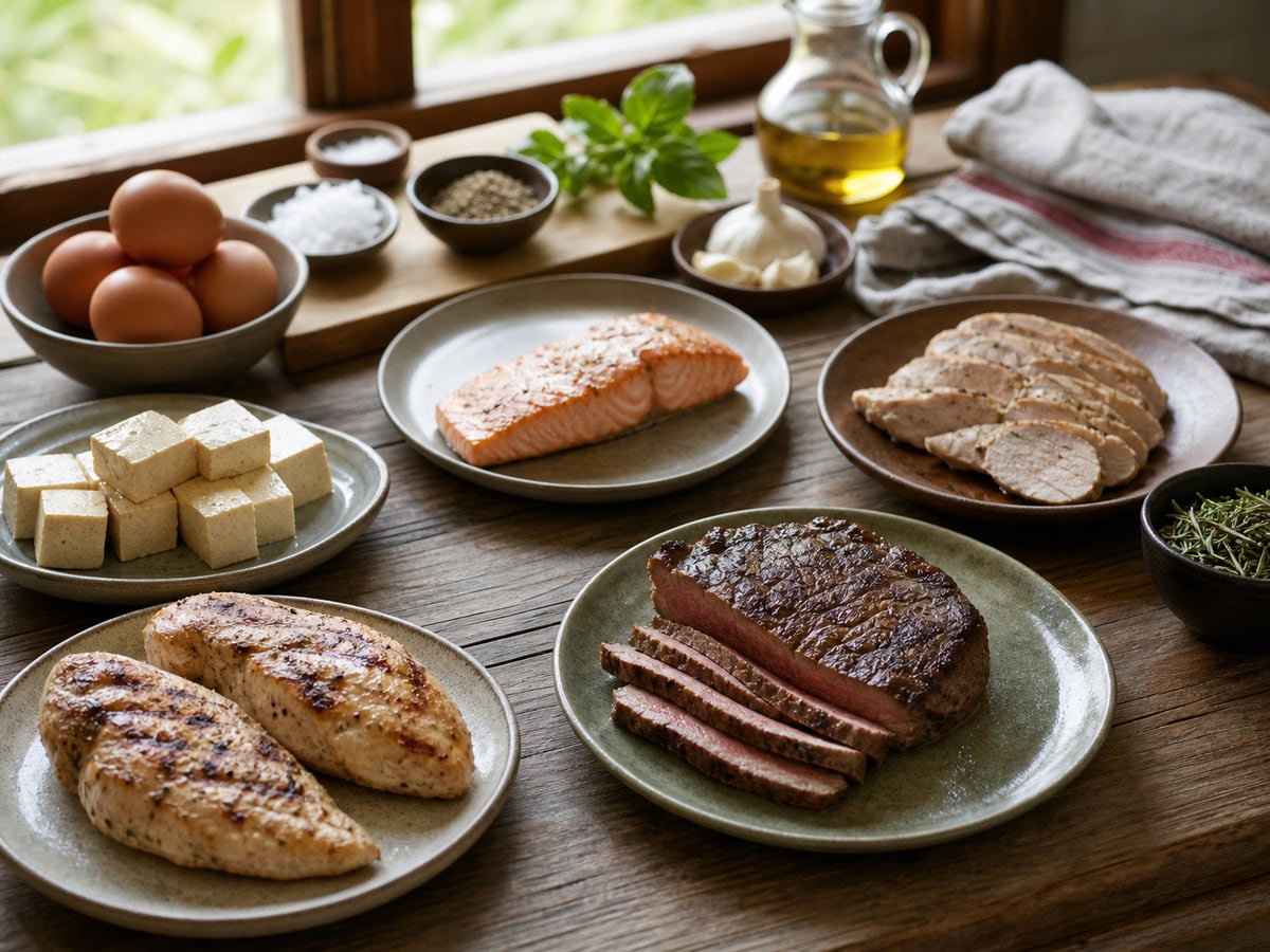 Escena culinaria realista que ilustra preparar proteínas sin resecarlas