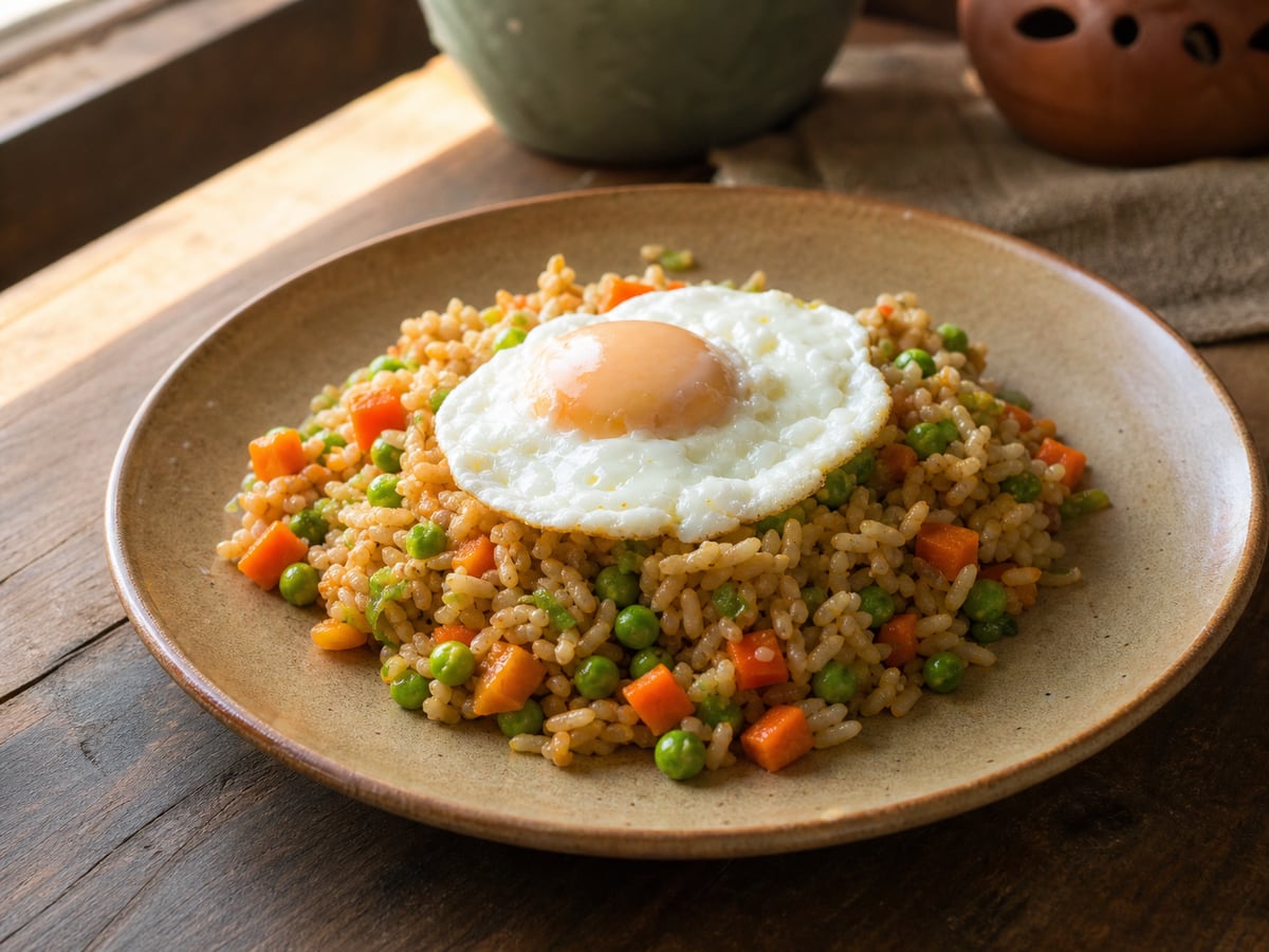 Arroz con vegetales y huevo servido en una porción casera con ingredientes visibles