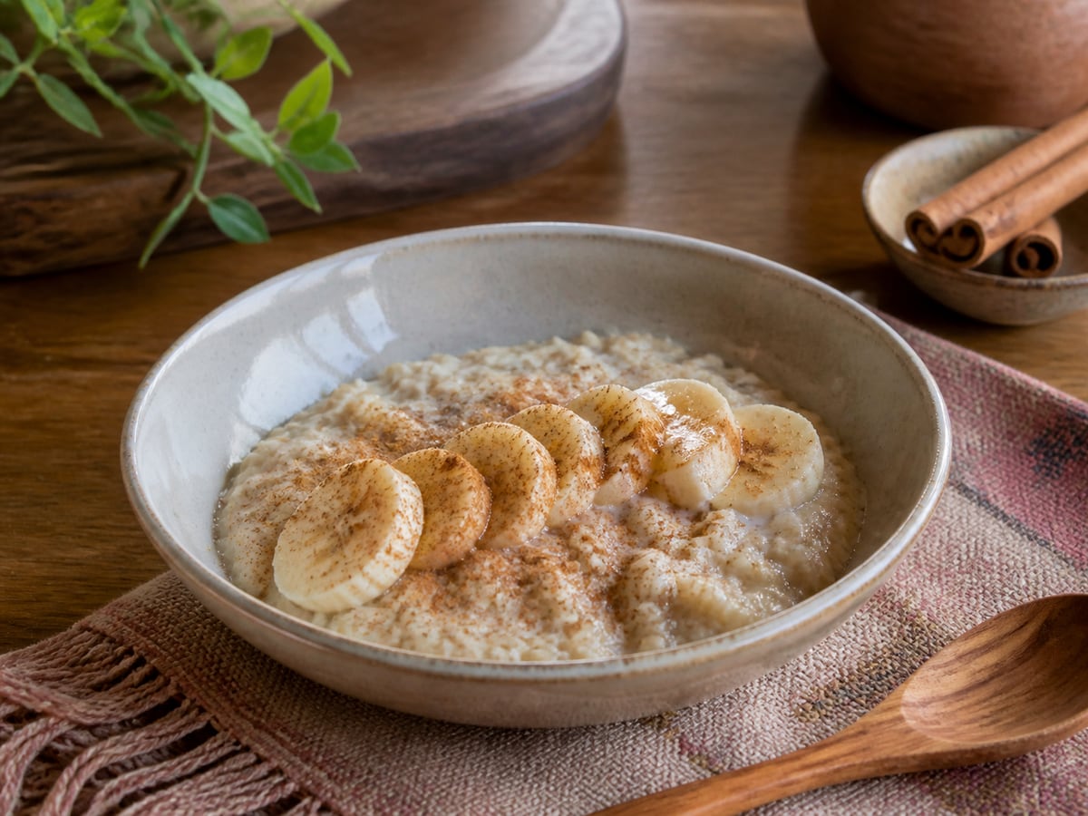 Avena cocida con banano y canela servido en una porción casera con ingredientes visibles
