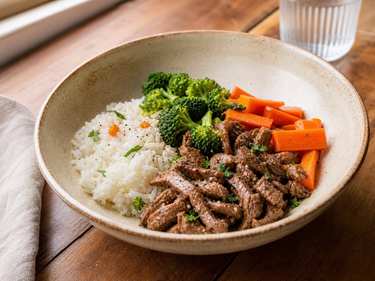 Bowl de carne, arroz y vegetales servido en una porción casera con ingredientes visibles