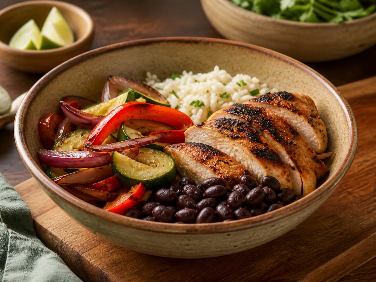 Bowl de pollo con frijoles y vegetales servido en una porción casera con ingredientes visibles