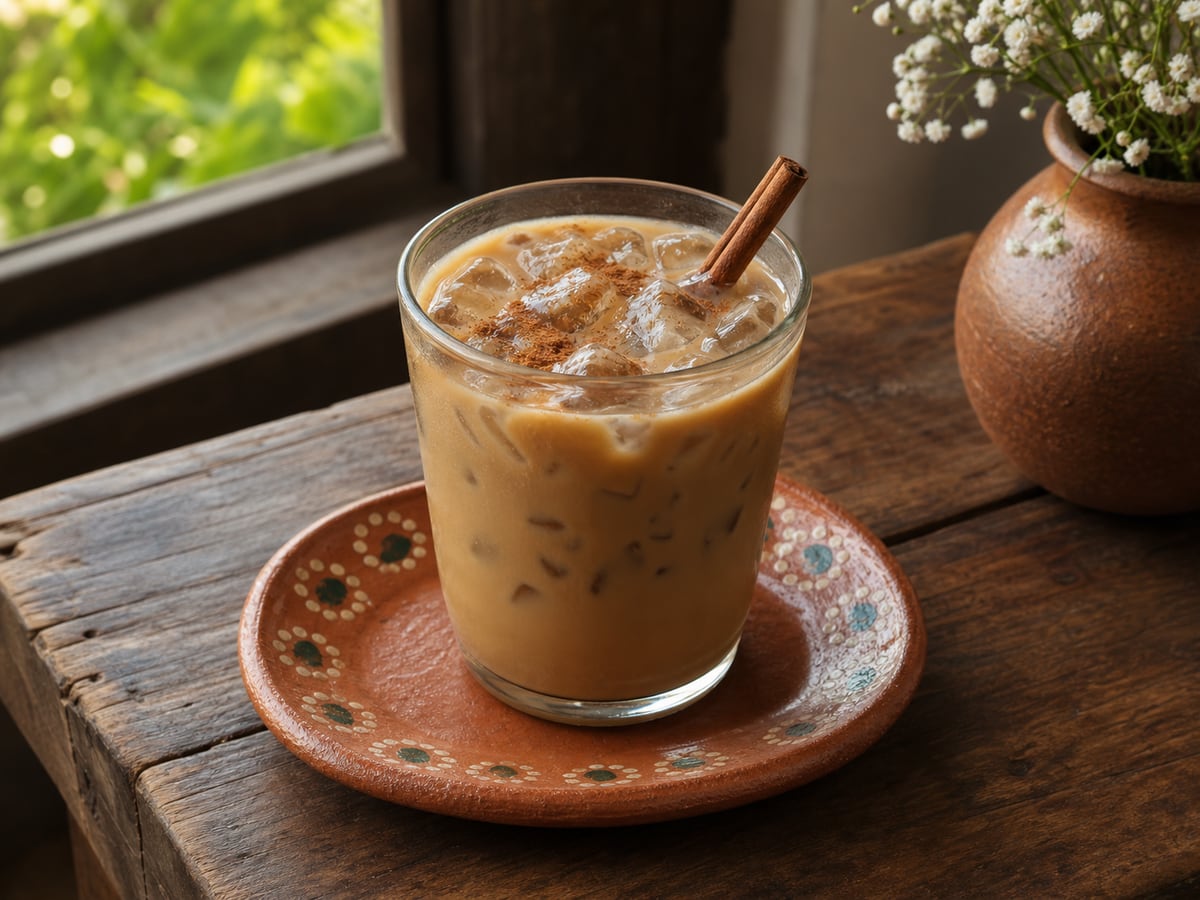 Café frío con leche servido en una porción casera con ingredientes visibles