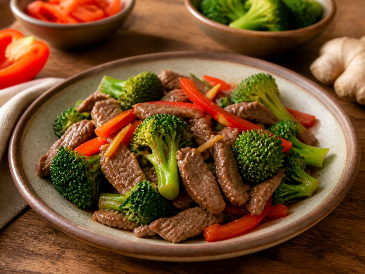 Carne magra salteada con brócoli servido en una porción casera con ingredientes visibles