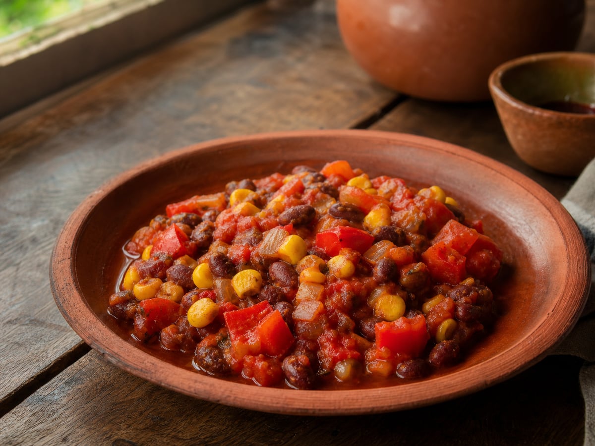 Chili vegetariano servido en una porción casera con ingredientes visibles