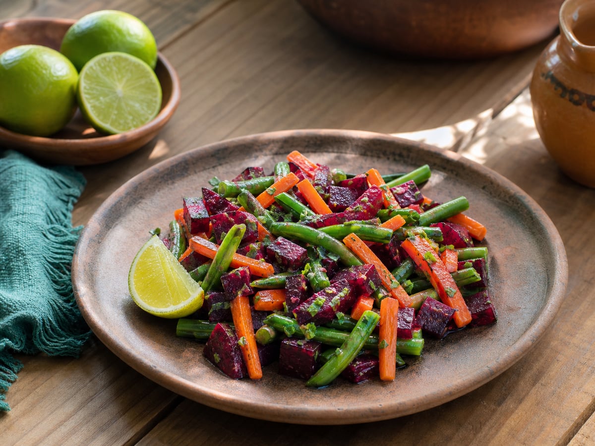 Ensalada de remolacha servido en una porción casera con ingredientes visibles