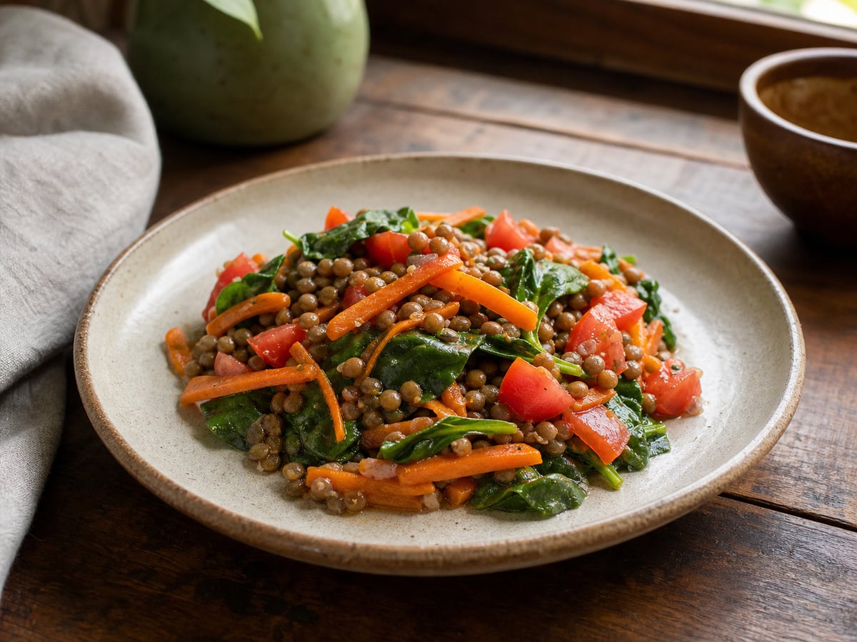 Ensalada tibia de lentejas servido en una porción casera con ingredientes visibles