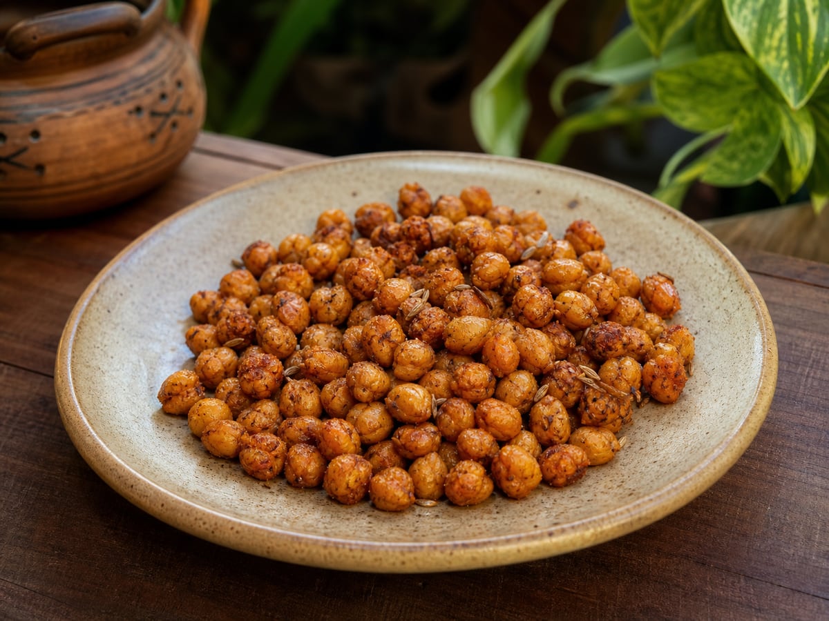 Garbanzos tostados servido en una porción casera con ingredientes visibles