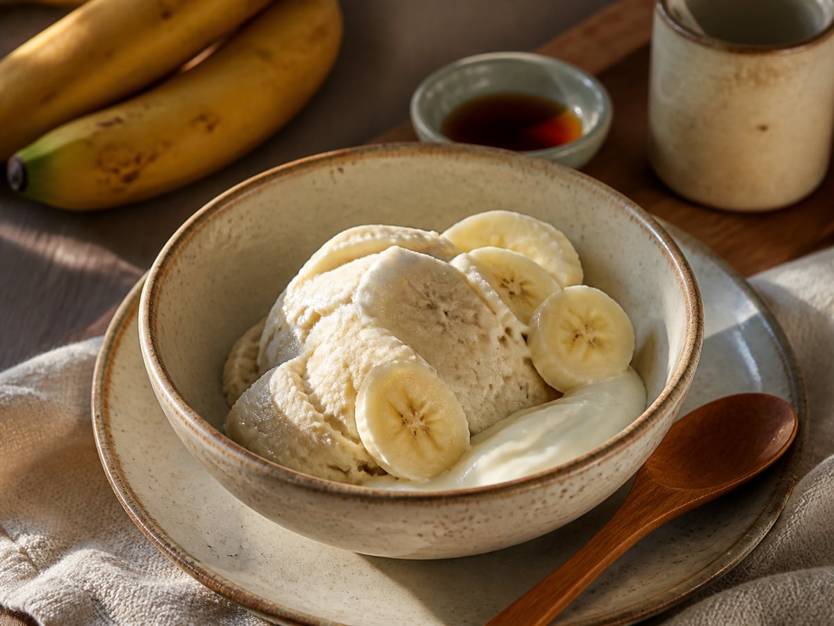 Helado de banano servido en una porción casera con ingredientes visibles
