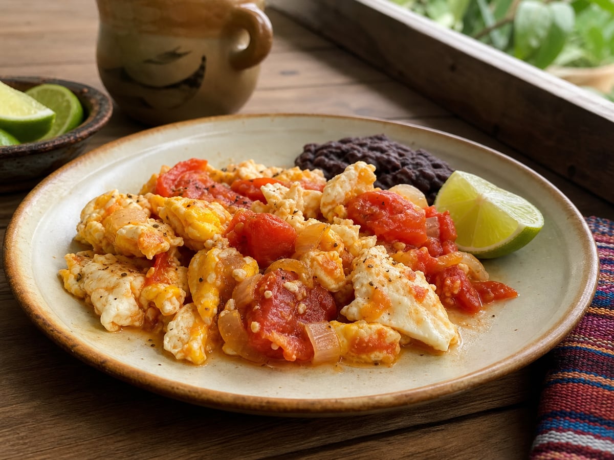 Huevo cocido con tomate servido en una porción casera con ingredientes visibles