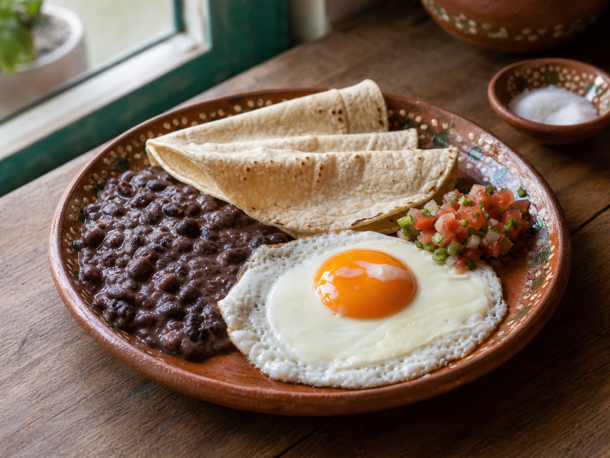 Huevos con frijoles y tortilla servido en una porción casera con ingredientes visibles