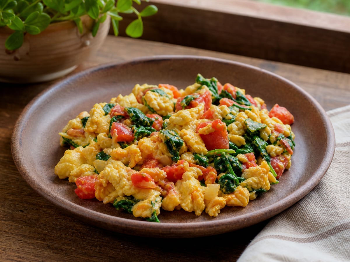 Huevos revueltos con tomate y espinaca servido en una porción casera con ingredientes visibles