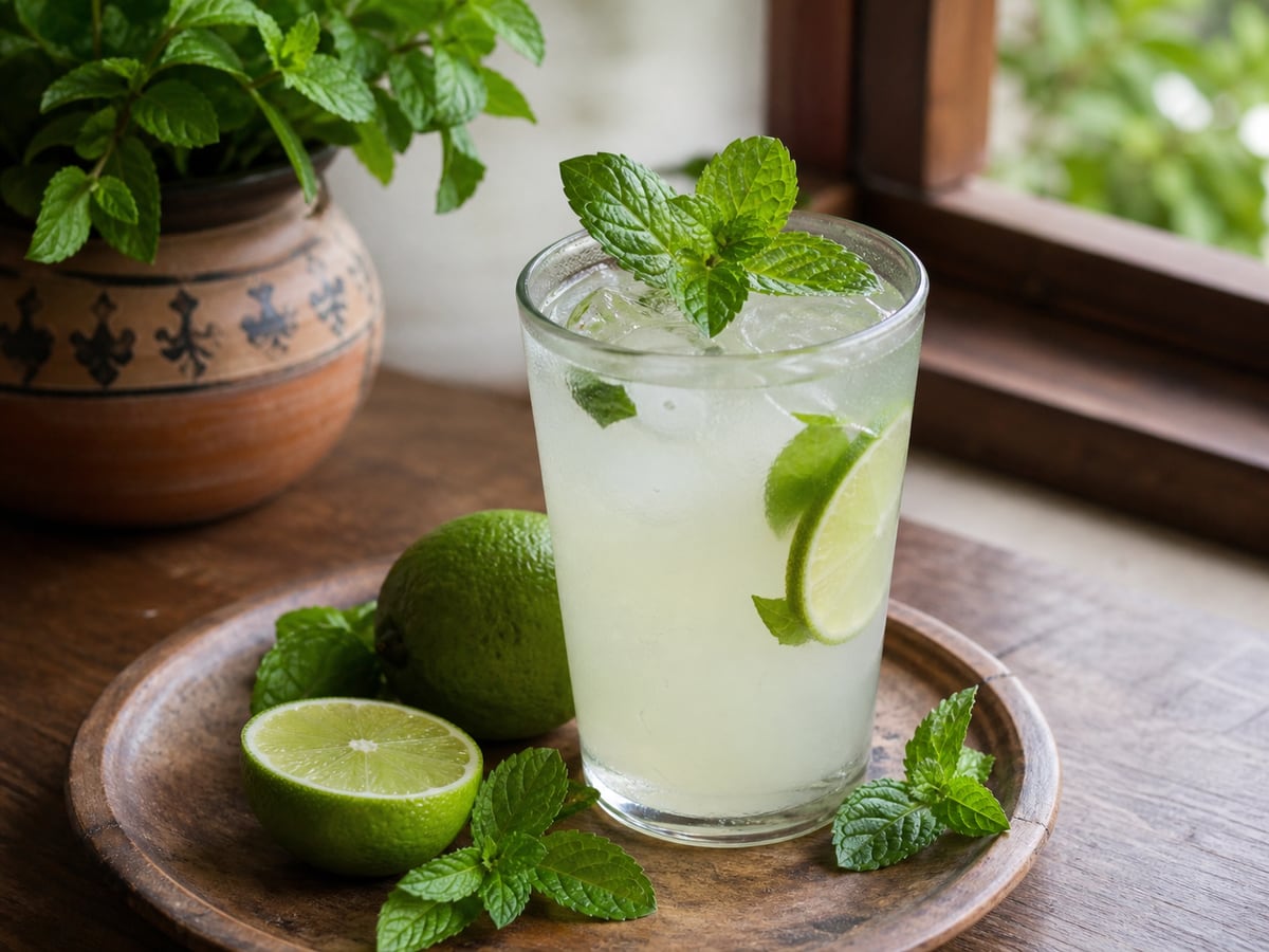 Limonada con hierbabuena servido en una porción casera con ingredientes visibles