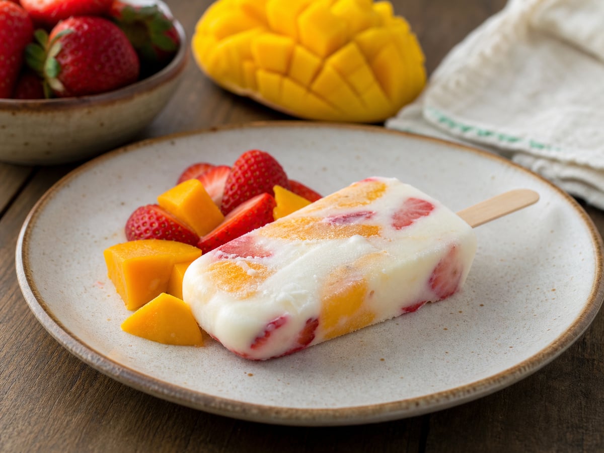 Paletas de fruta y yogur servido en una porción casera con ingredientes visibles