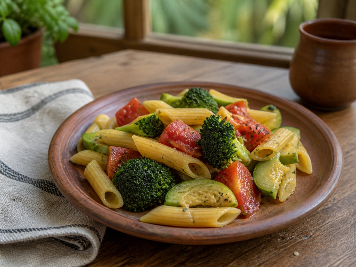 Pasta con vegetales servido en una porción casera con ingredientes visibles