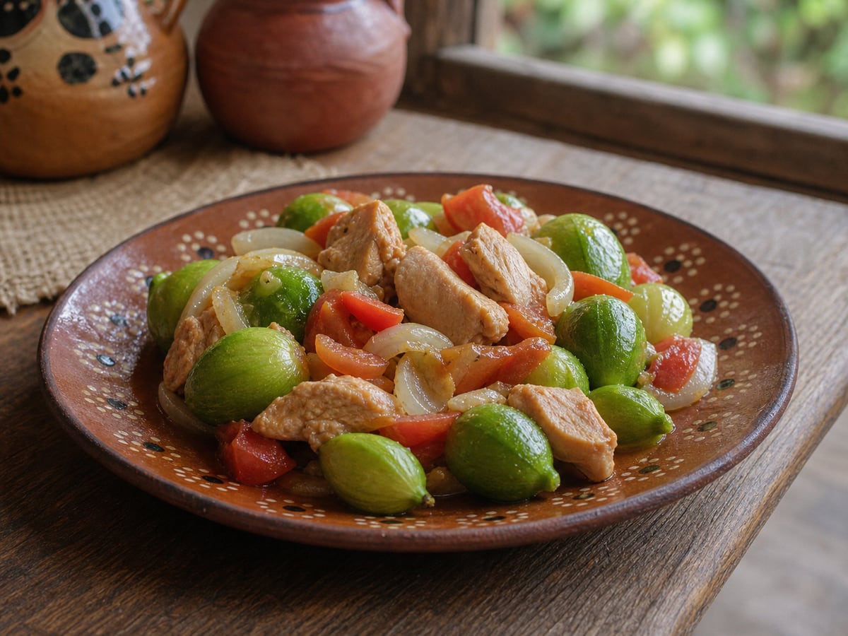Pollo salteado con güicoyito servido en una porción casera con ingredientes visibles