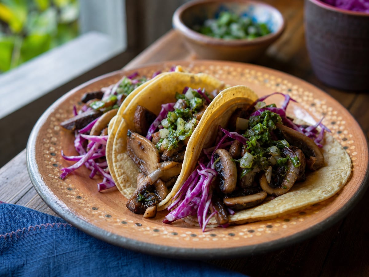 Tacos de hongos servido en una porción casera con ingredientes visibles