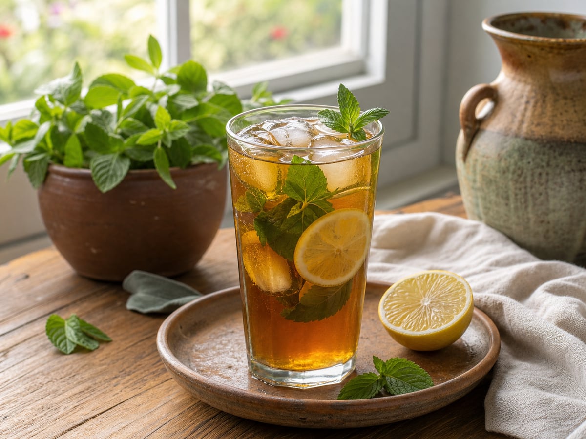 Té frío casero con poco azúcar servido en una porción casera con ingredientes visibles