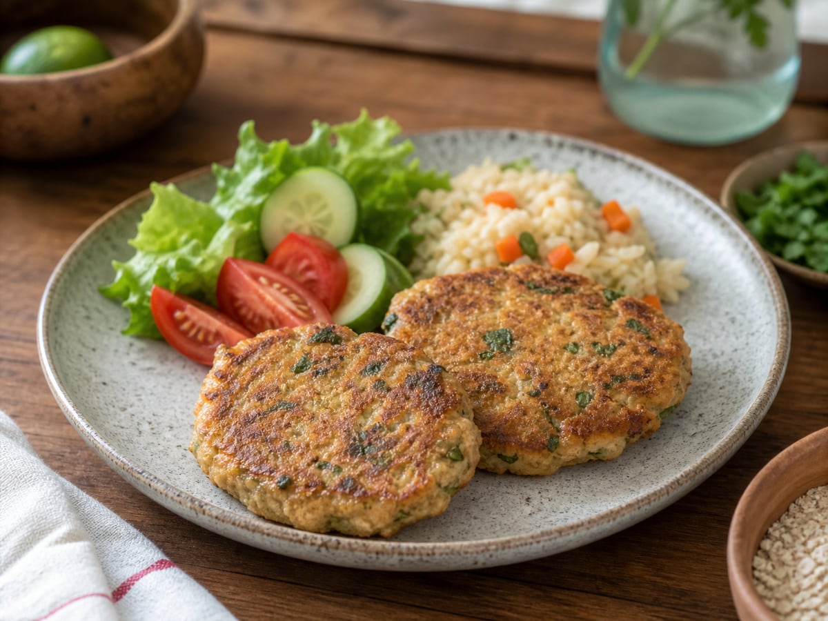 Tortitas de atún al sartén servido en una porción casera con ingredientes visibles