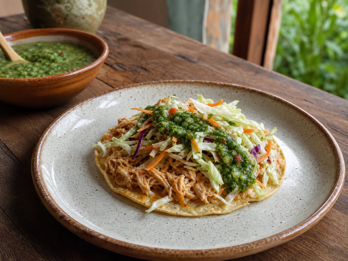 Tostadas horneadas con pollo servido en una porción casera con ingredientes visibles