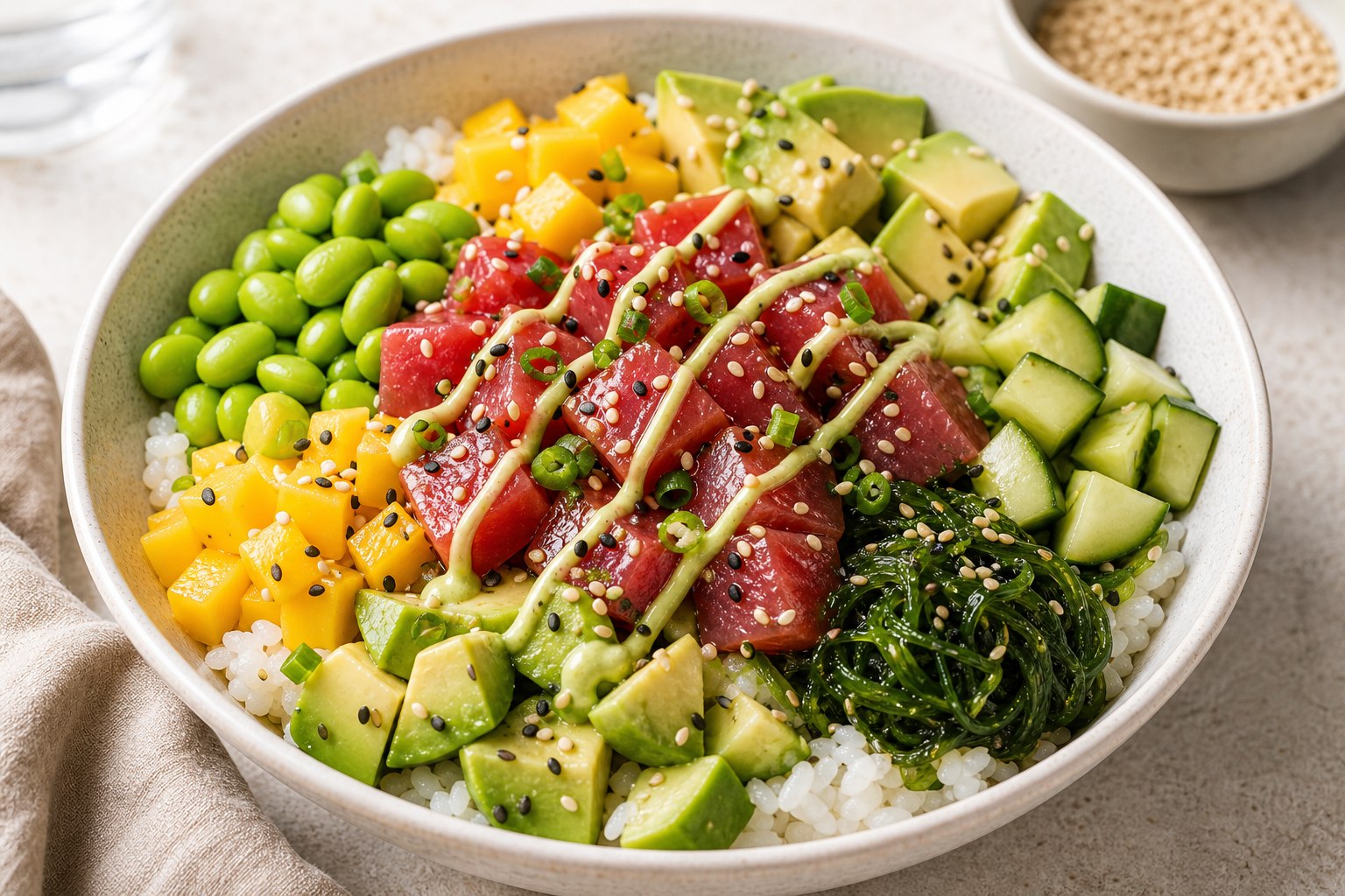 Bowl hawaiano con atun ahi crudo, mango, aguacate y vegetales
