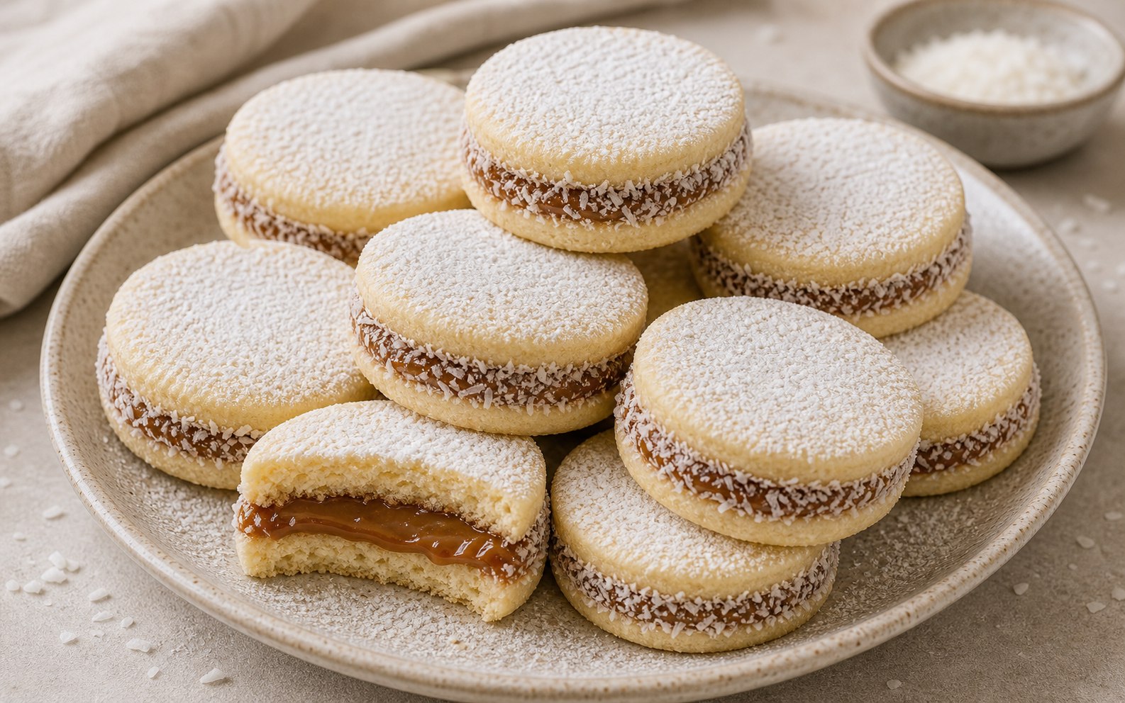 Alfajores apilados con dulce de leche en el centro