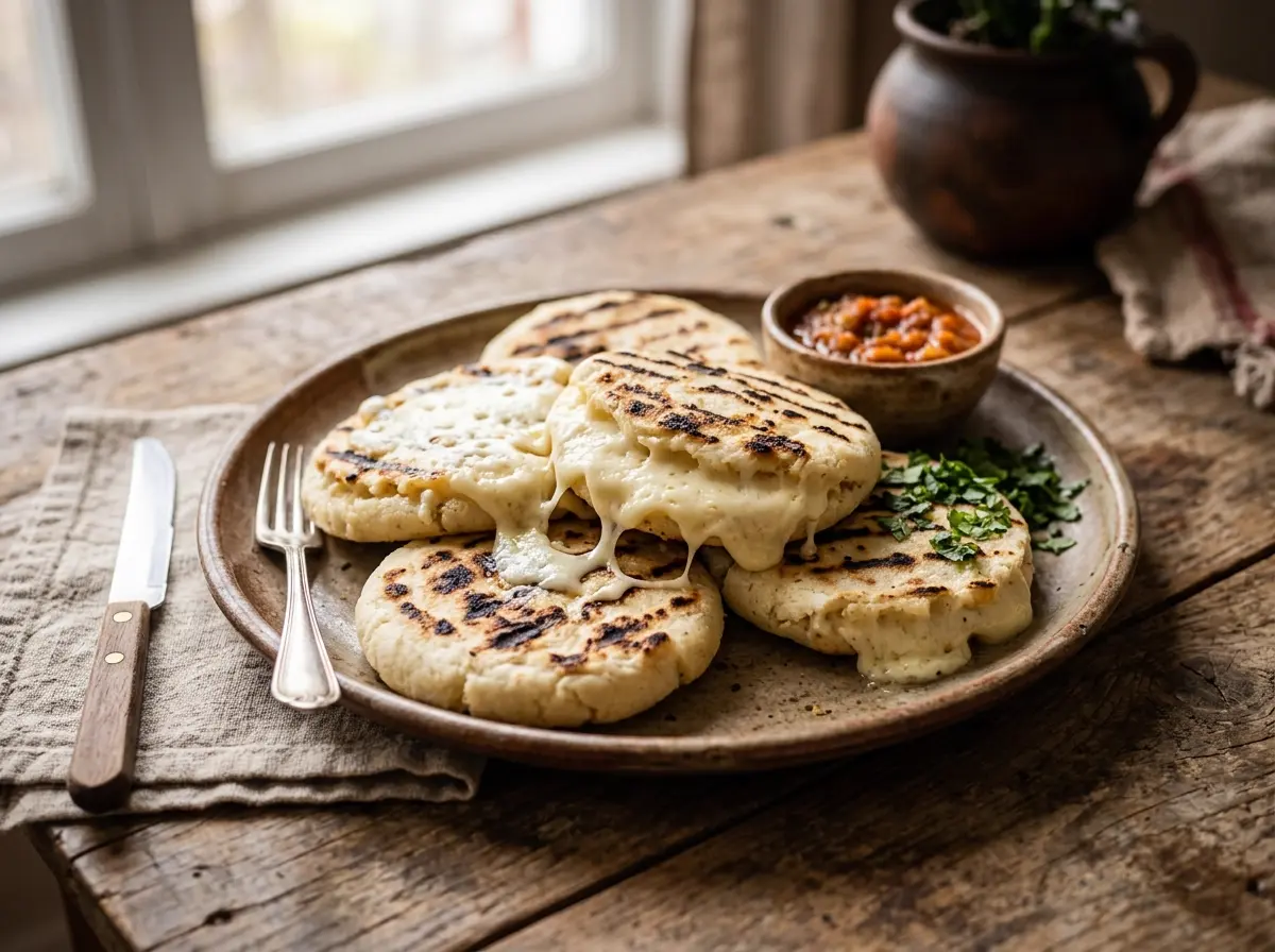 Arepas asadas de maíz blanco con queso derretido