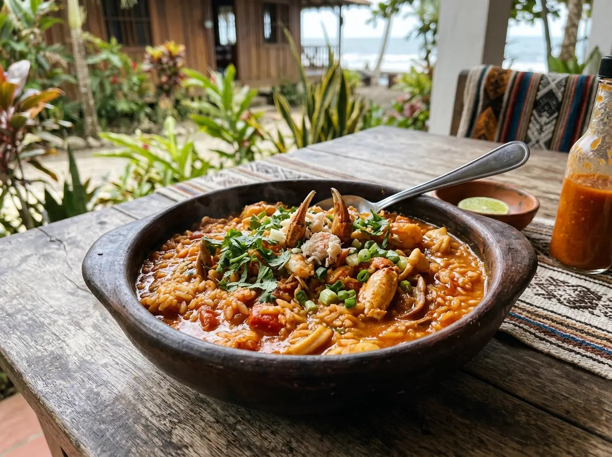 Arroz atollado rojo húmedo con pinzas de jaiba en cazuela