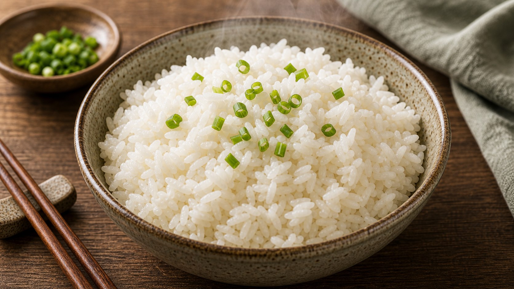 Tazón blanco con arroz cocido suelto