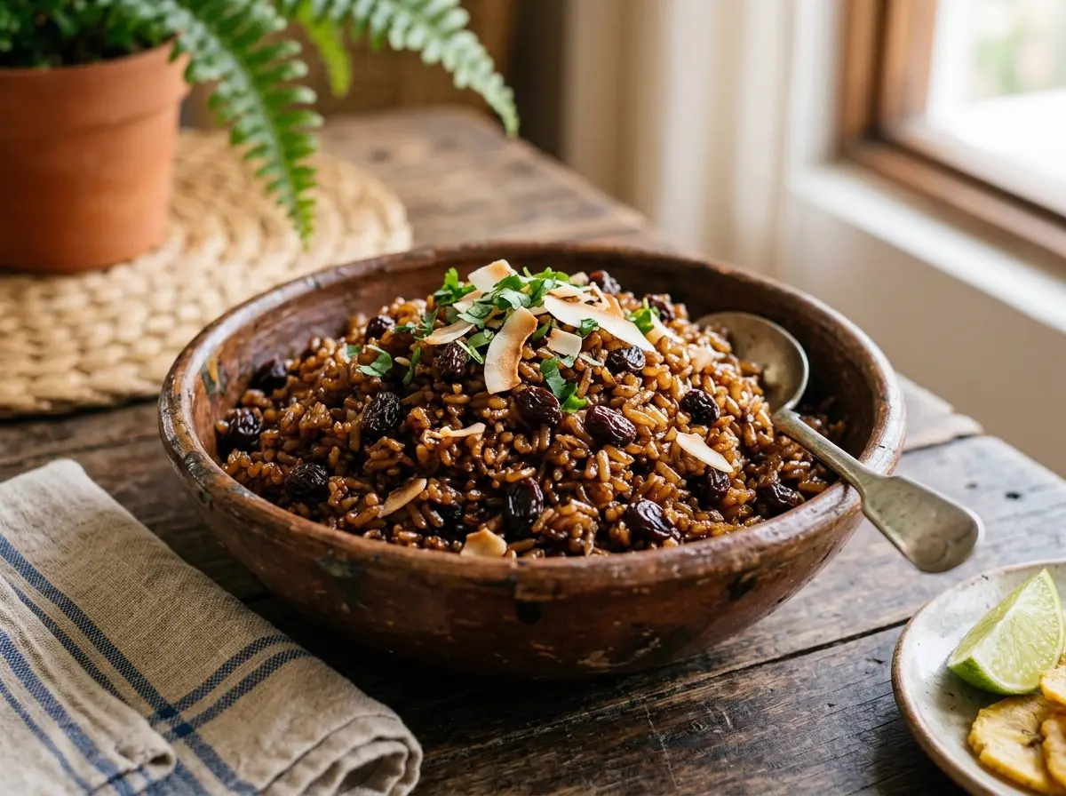 Arroz oscuro brillante con coco y pasas