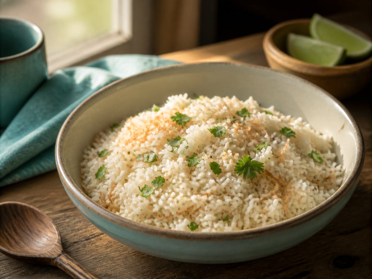Arroz con coco servido con leche de coco y agua