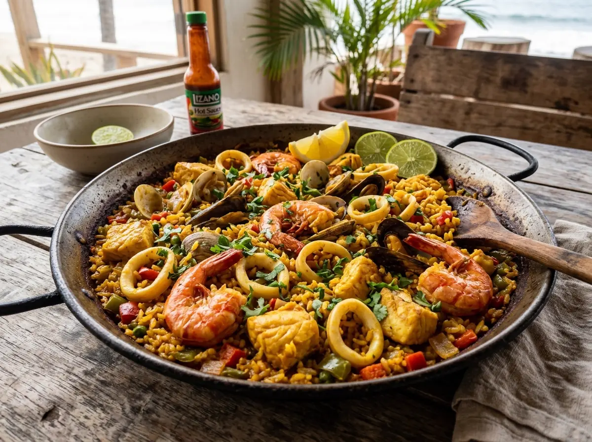 Arroz amarillo rebosante de mariscos surtidos