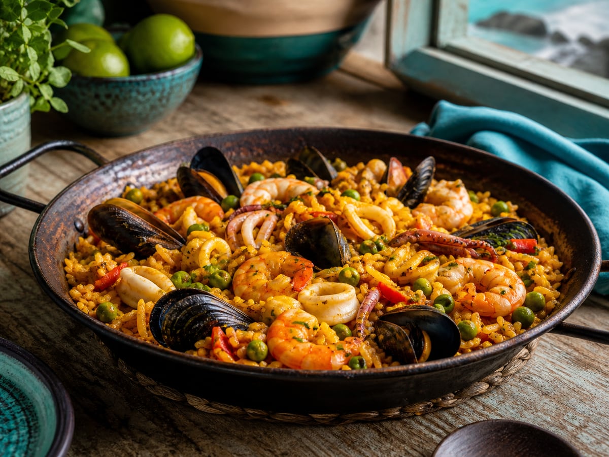 Arroz marinero servido con arroz y tomate