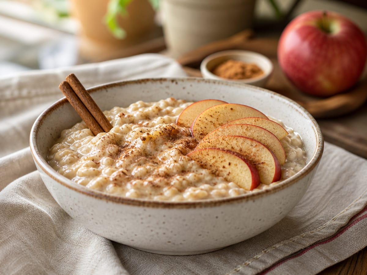 Tazón de avena cremosa con manzana y canela