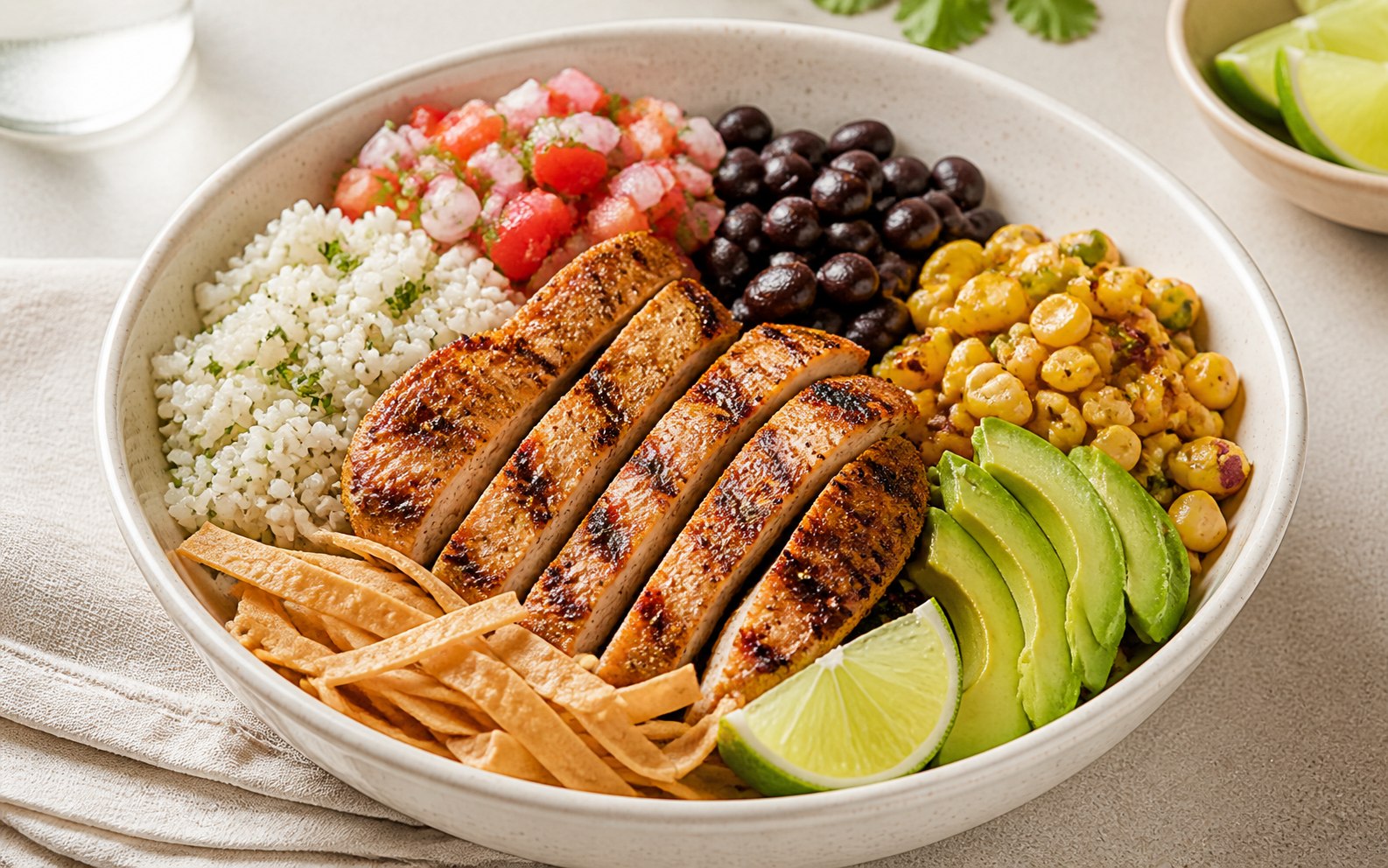 Bowl mexicano con pollo, frijoles, elote y tortilla crujiente