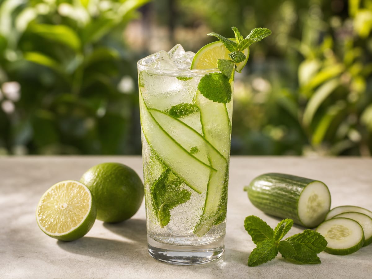 Bebida de pepino, menta y limón con soda