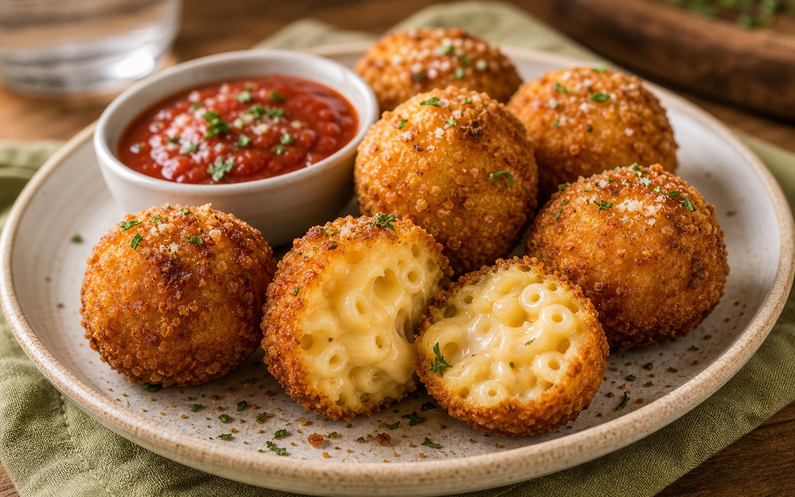 Bolitas doradas y crujientes de macarrón con queso