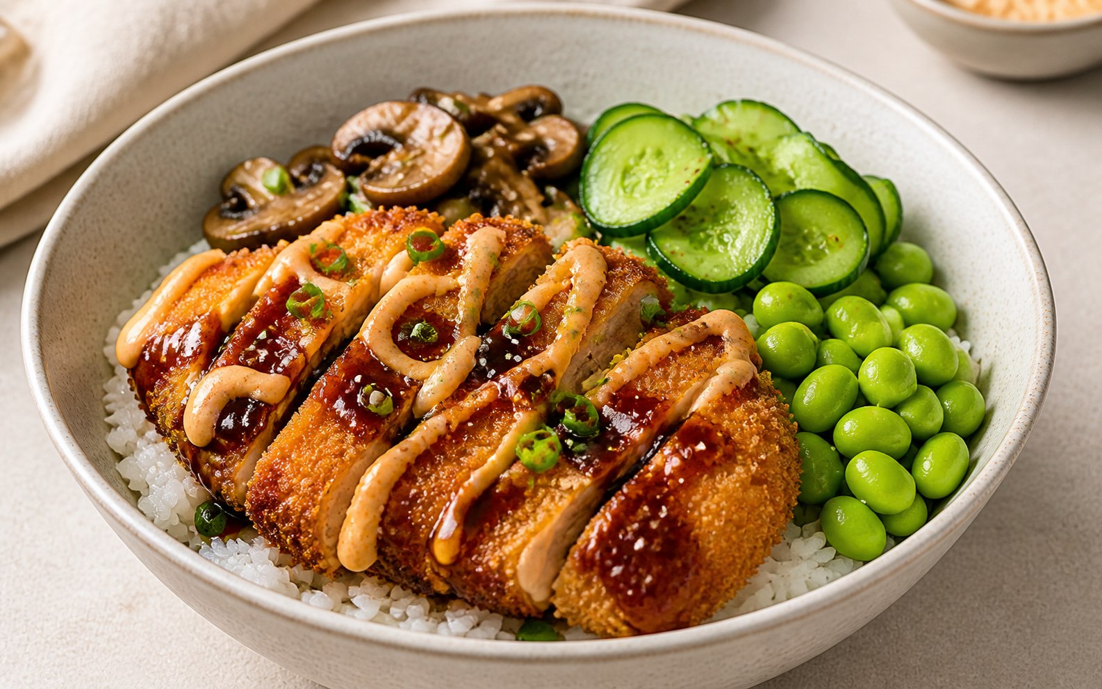 Bowl japonés con pollo apanado, arroz y verduras
