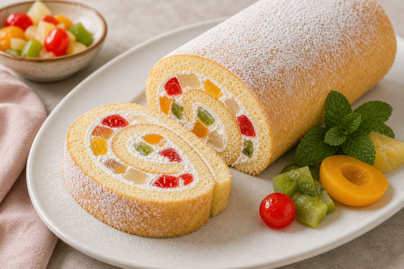 Brazo gitano relleno con crema y frutas
